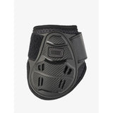 Black lemieux motion cool fetlock boot with carbon fiber texture and adjustable velcro straps for flexible lightweight support