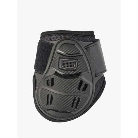 Black lemieux motion cool fetlock boot with carbon fiber texture and adjustable velcro straps for flexible lightweight support