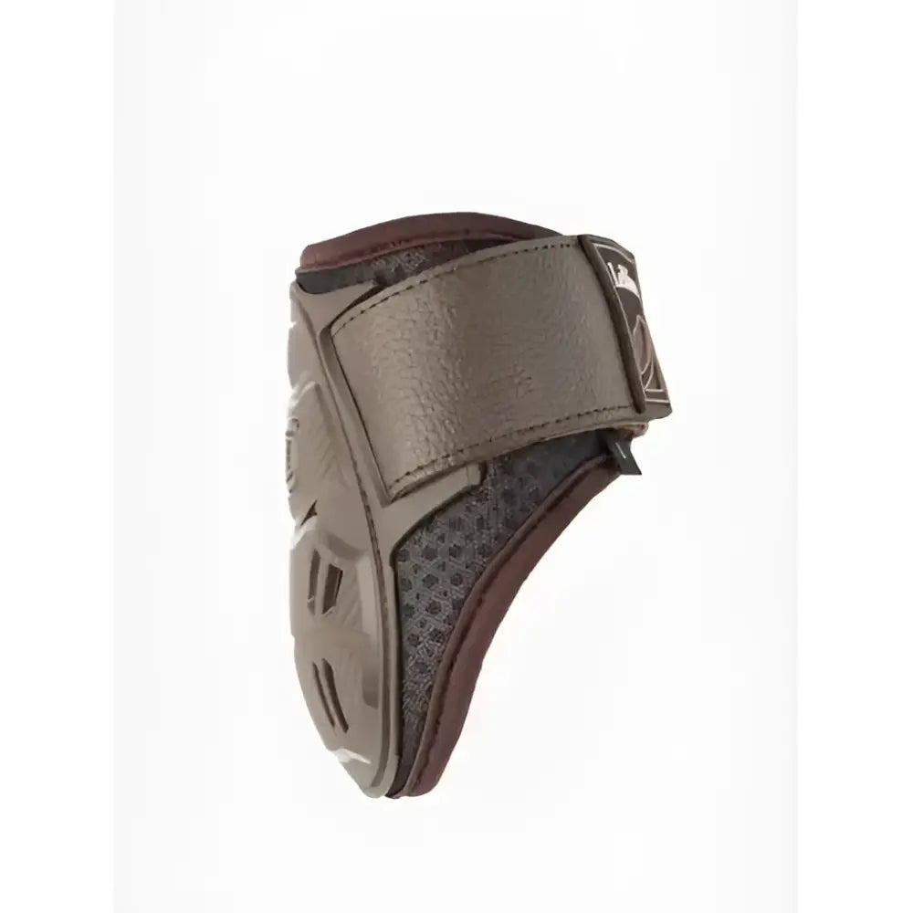 Brown and gray lemieux motion cool fetlock boot brown with flexible lightweight design mesh fabric and leather strap