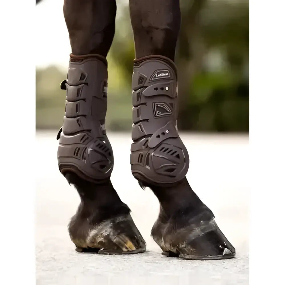 Dark brown lemieux motion cool tendon boot with soft airprene perforated material and adjustable straps for protection