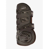 Dark brown lemieux motion cool tendon boot with soft airprene perforated hoof protector and adjustable straps