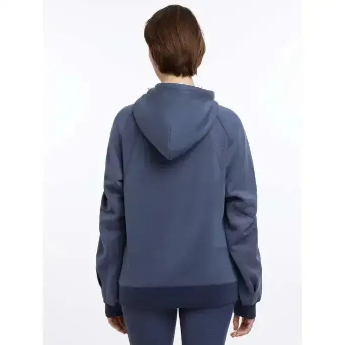 A navy blue lemieux nadine hoodie with smooth shiny fabric and ribbed cuffs in nadine hoodie dusk style