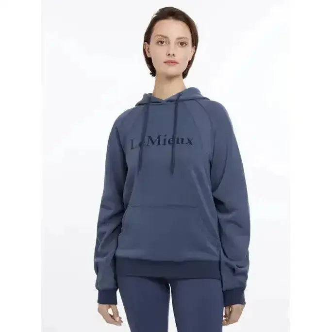 Navy blue lemieux nadine hoodie dusk features a darker blue le mieux embroidered chest design