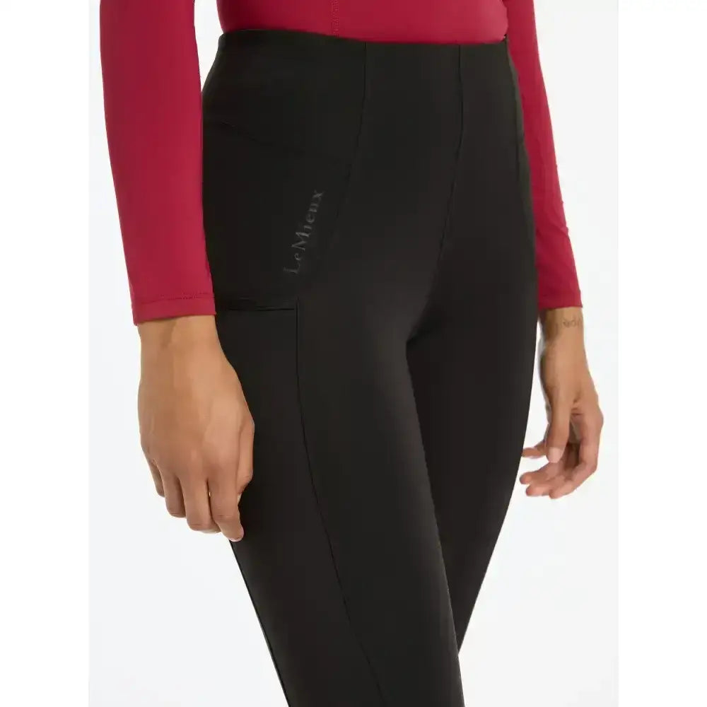 Black lemieux naomi pull riding breeches with seamless fabric and supportive elasticated waistband visible from side