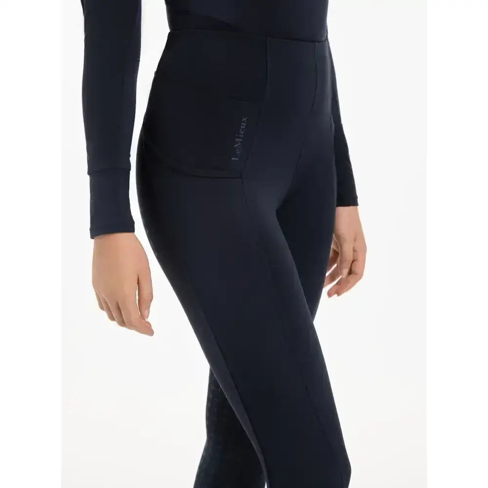 Black lemieux naomi pull riding leggings with supportive elasticated waistband and subtle thigh embroidery