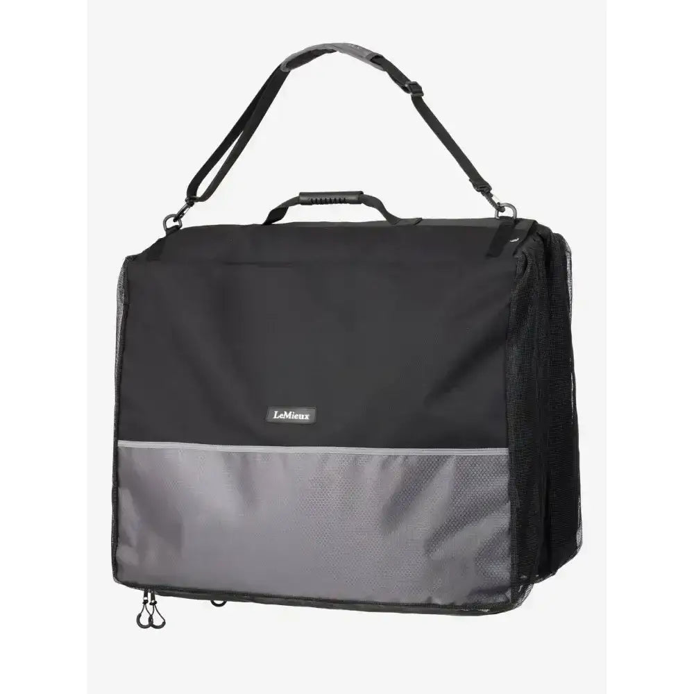 Black and gray lemieux saddle pad carry bag with mesh side panels and top handle for true lemieux aficionados