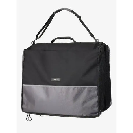 Black and gray lemieux saddle pad carry bag with mesh side panels and top handle for true lemieux aficionados