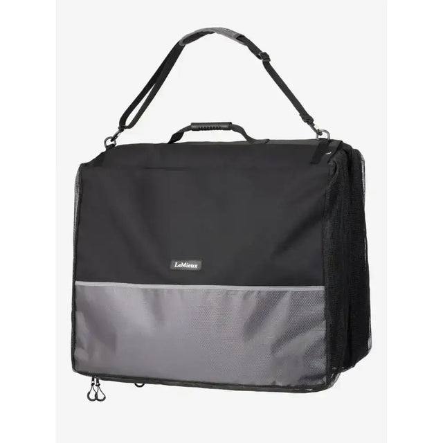 Black and gray lemieux saddle pad carry bag with mesh side panels and top handle for true lemieux aficionados