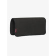 Black soft fabric glasses case with red tag shown next to a LeMieux non slip half pad square black for equestrian use