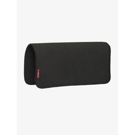 Black soft fabric glasses case with red tag shown next to a LeMieux non slip half pad square black for equestrian use