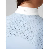 Light blue lemieux olivia long sleeve show shirt with white collar and subtle black geometric pattern