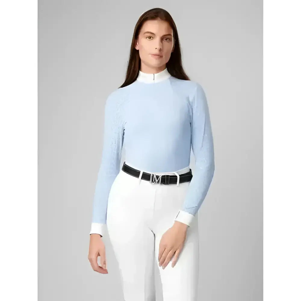 Light blue lemieux olivia long sleeve show shirt with white collar cuffs and zipper featuring subtle textured pattern