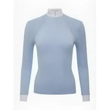 Light blue lemieux olivia long sleeve show shirt with laser-cut lace sleeve and high collar perfect for riding