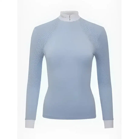 Light blue lemieux olivia long sleeve show shirt with laser-cut lace sleeve and high collar perfect for riding