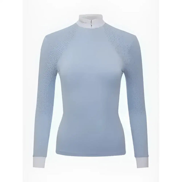 Light blue lemieux olivia long sleeve show shirt with laser-cut lace sleeve and high collar perfect for riding