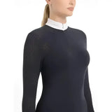 Black lemieux olivia long sleeve show shirt navy with white collar silver minn logo and super soft stretch fabric
