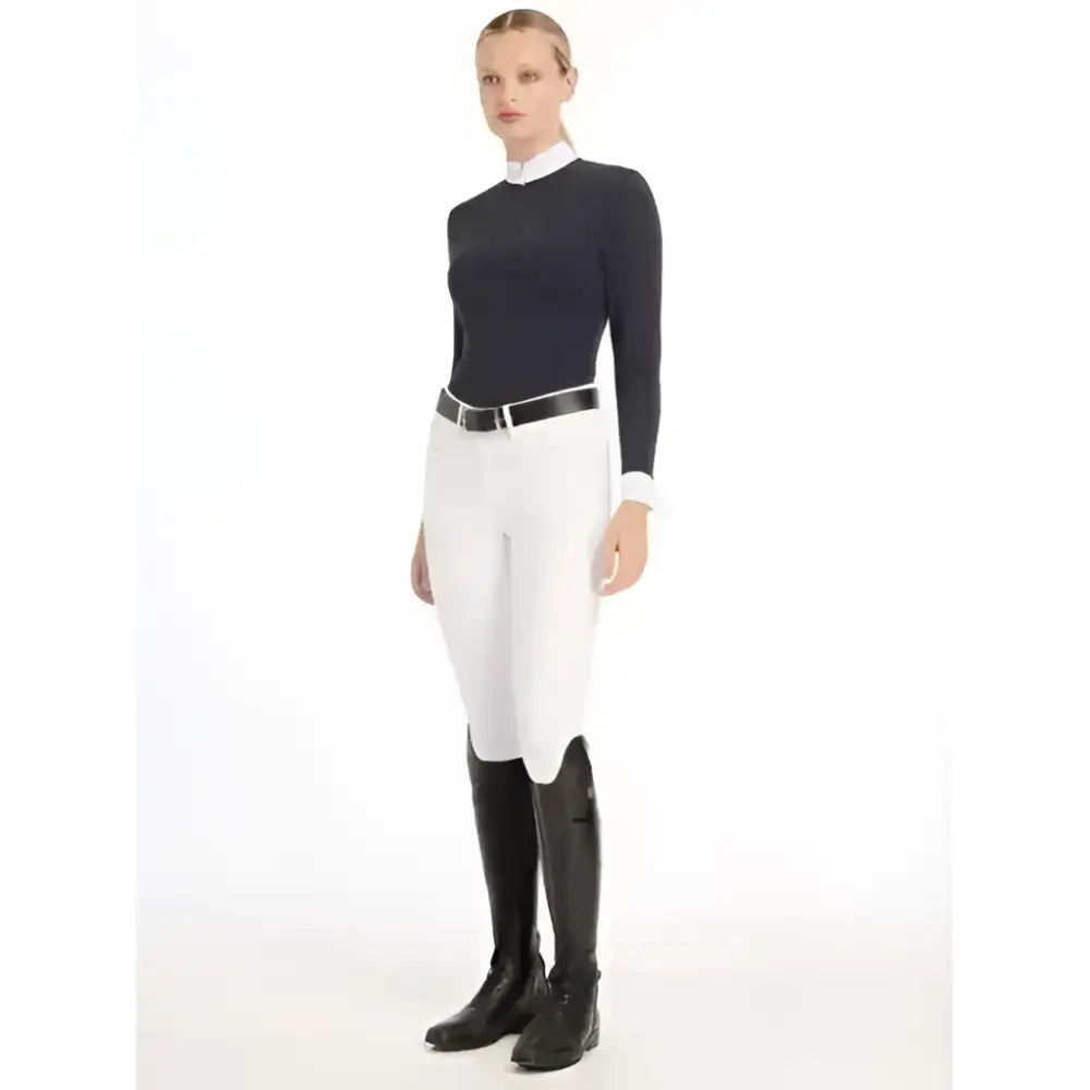 Black lemieux olivia long sleeve show shirt with white collar and cuffs in super soft stretch fabric navy