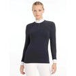 Navy blue lemieux olivia long sleeve show shirt with white collar cuffs and laser-cut lace sleeve details in super soft stretch fabric