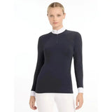 Navy blue lemieux olivia long sleeve show shirt with white collar cuffs and laser-cut lace sleeve details in super soft stretch fabric