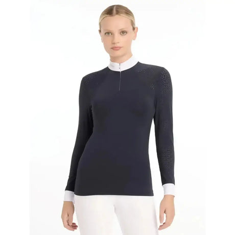 Navy blue lemieux olivia long sleeve show shirt with white collar cuffs and laser-cut lace sleeve details in super soft stretch fabric