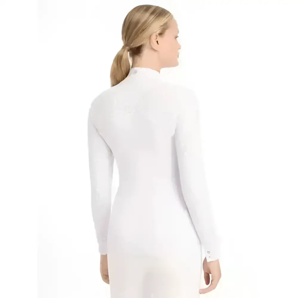 White long sleeve fitted top with high neckline and subtle texture from lemieux olivia long show shirt collection