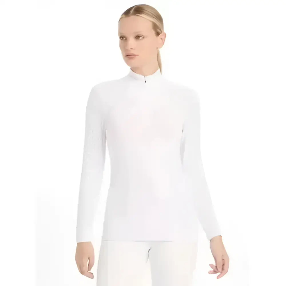 White lemieux olivia long sleeve show shirt with subtle textured pattern and high neck for equestrian events
