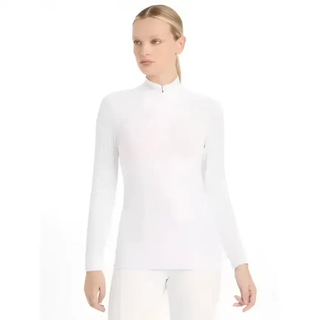 White lemieux olivia long sleeve show shirt with subtle textured pattern and high neck for equestrian events