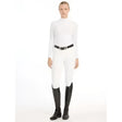 White high waist riding pants with a sleek fit paired with lemieux olivia long sleeve laser-cut lace shirt