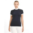 Black short-sleeved lemieux olivia short show shirt with white collar and cuffs made of super soft stretch fabric