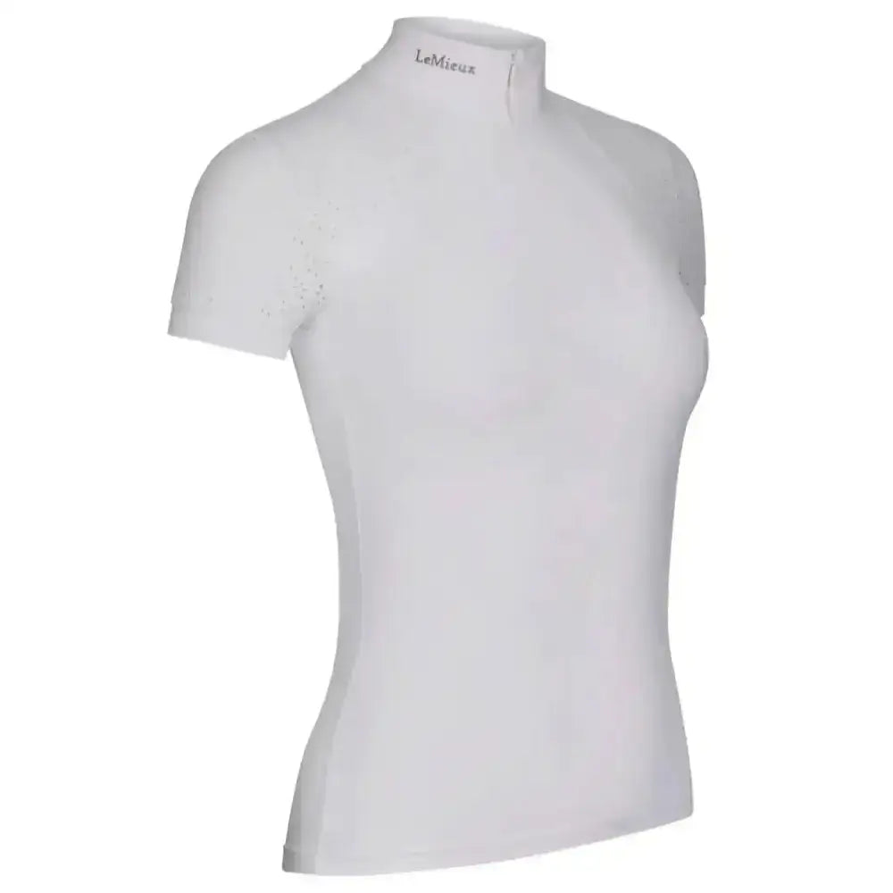 White lemieux olivia short sleeve show shirt with high collar and intricate diamante detailing in super soft stretch
