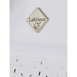 Silver diamond-shaped pin with lemieux and checkmark engraved on lemieux olivia short featuring intricate diamante detailing