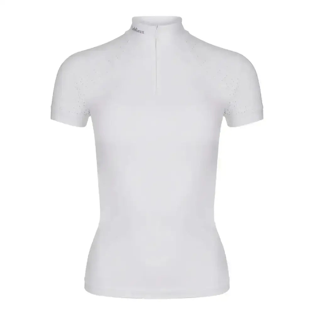 White lemieux olivia short sleeve polo shirt with high collar zipper front and super soft stretch fabric