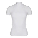White lemieux olivia short sleeve polo shirt with high collar zipper front and super soft stretch fabric