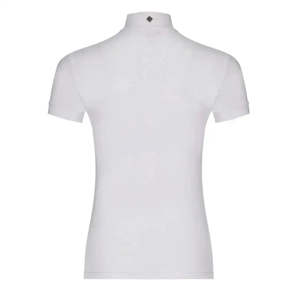 White lemieux olivia short sleeve polo with high collar and subtle textured pattern featuring super soft stretch