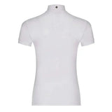 White lemieux olivia short sleeve polo with high collar and subtle textured pattern featuring super soft stretch