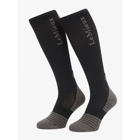 Black lemieux performance sock with gray padded heel toe and side panels for all day comfort and support