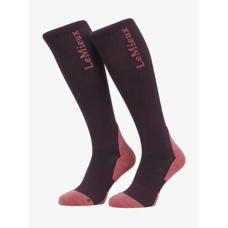 Dark purple and pink lemieux performance socks damson with compression fit and branding on the calf