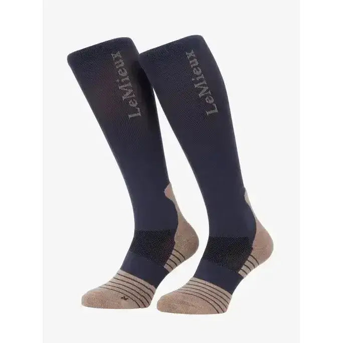 Navy blue and beige lemieux performance socks dusk blue knee-high athletic socks with lemieux branding on the side