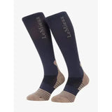 Navy blue and beige lemieux performance socks dusk blue knee-high athletic socks with lemieux branding on the side