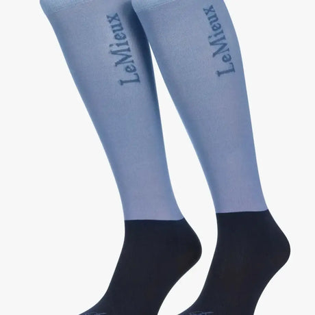 Light blue and black knee-high lemieux performance socks with branding on the side perfect for sports use