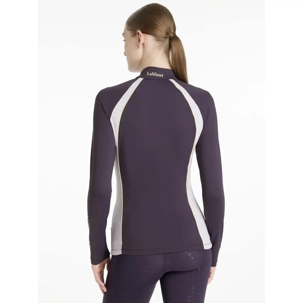 Dark purple lemieux philippa mesh long-sleeved base layer juniper with white panel accents and logo at neckline