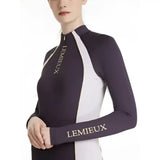 A lemieux philippa mesh long-sleeve base layer juniper in purple and white with gold lettering and mesh panels
