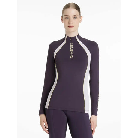 A dark purple lemieux philippa mesh long-sleeved base layer top with white side panels and chest logo in juniper style