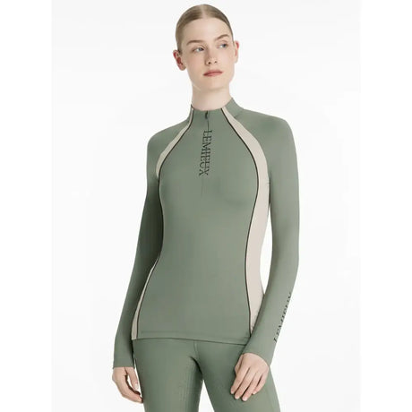 Olive green lemieux philippa mesh long sleeve base layer rosemary with beige panels and black lambeau branding