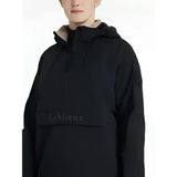 Black lemieux phoebe half zip waterproof anorak with beige lining and gray brand name on front pocket