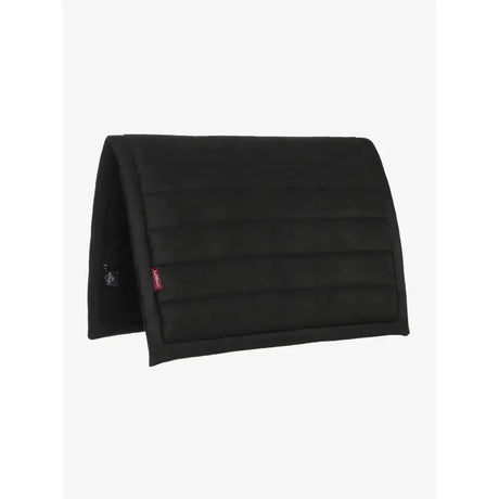 Black quilted lemieux pillow pad black with horizontal stitching and small red brand tag for horse saddles