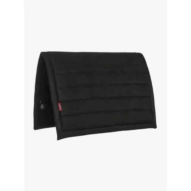 Black quilted lemieux pillow pad black with horizontal stitching and small red brand tag for horse saddles