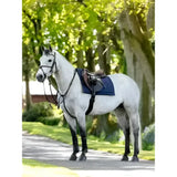 A white horse with black legs wearing a brown leather saddle and navy lemieux pillow pad for riding comfort