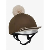 Brown lemieux pippa hat silk alpine with fluffy cream pom pom silver trim and silky smooth four way stretch cover