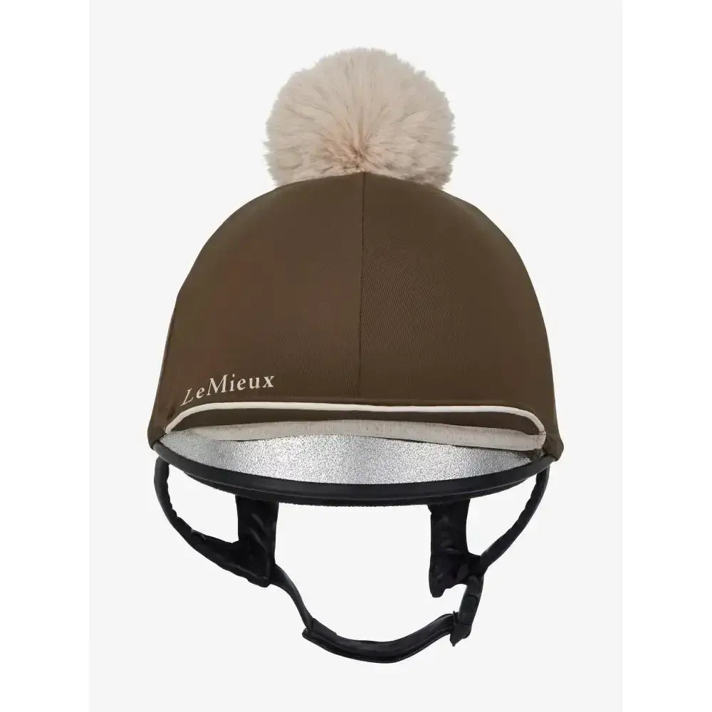 Brown lemieux pippa hat silk alpine helmet cover with cream pom-pom and silver-lined silky smooth four-way stretch interior